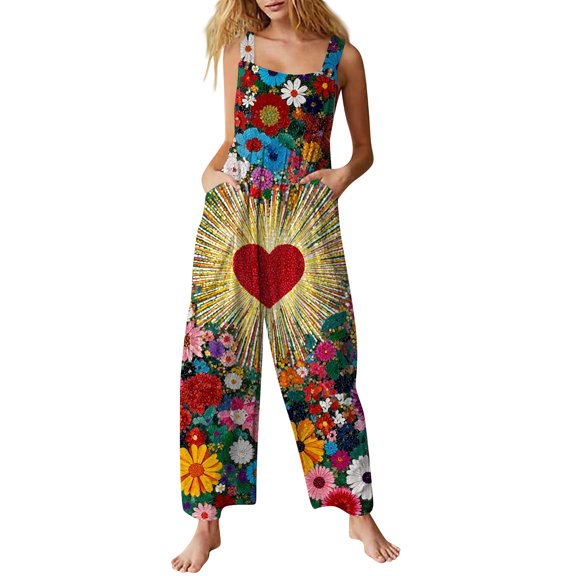 Fgvctg Valentine's Day Womens Jumpsuit Wide Leg Pant Trendy Overall Love Heart Print Sleeveless Date Night Spaghetti Straps Jumpsuits Rompers Bib Overalls Loose Sprimg Pant With Pockets Pink XL