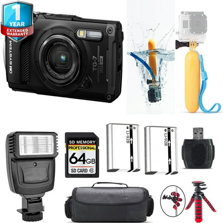 Olympus OM SYSTEM Tough TG-7 Digital Camera (Black)   Floating Hand Grip   1 Yr Warranty   Flash - 64GB Kit (International Version)
