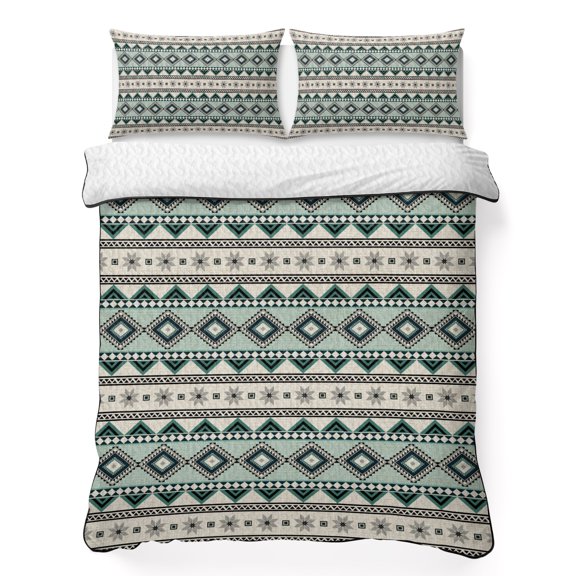 King Quilt Bedding Set, Green Geometric Retro Boho 3 Piece Bedding Set Lightweight Breathable Quilt with 2 Pillow Shams, Country Tribe Stripe Soft Microfiber Summer Comforter for Hot Sleepers
