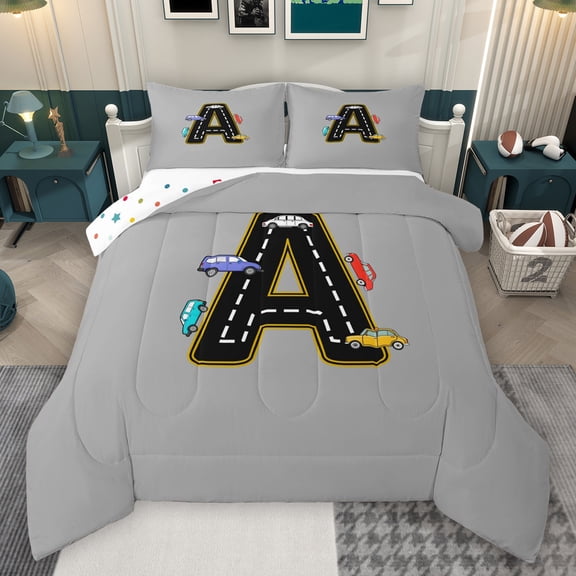 Manfei Letter A Monogrammed Bedding Comforter Set,Colorful Racing Car Twin Comforter Sets,Gray Black Bedding Set For Boys,Microfiber Room Decorative Reversible,2-Piece