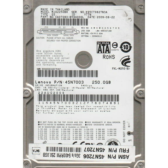 MJA2250BH G2, PN CA07083-B594000L, Fujitsu 250GB SATA 2.5 Hard Drive