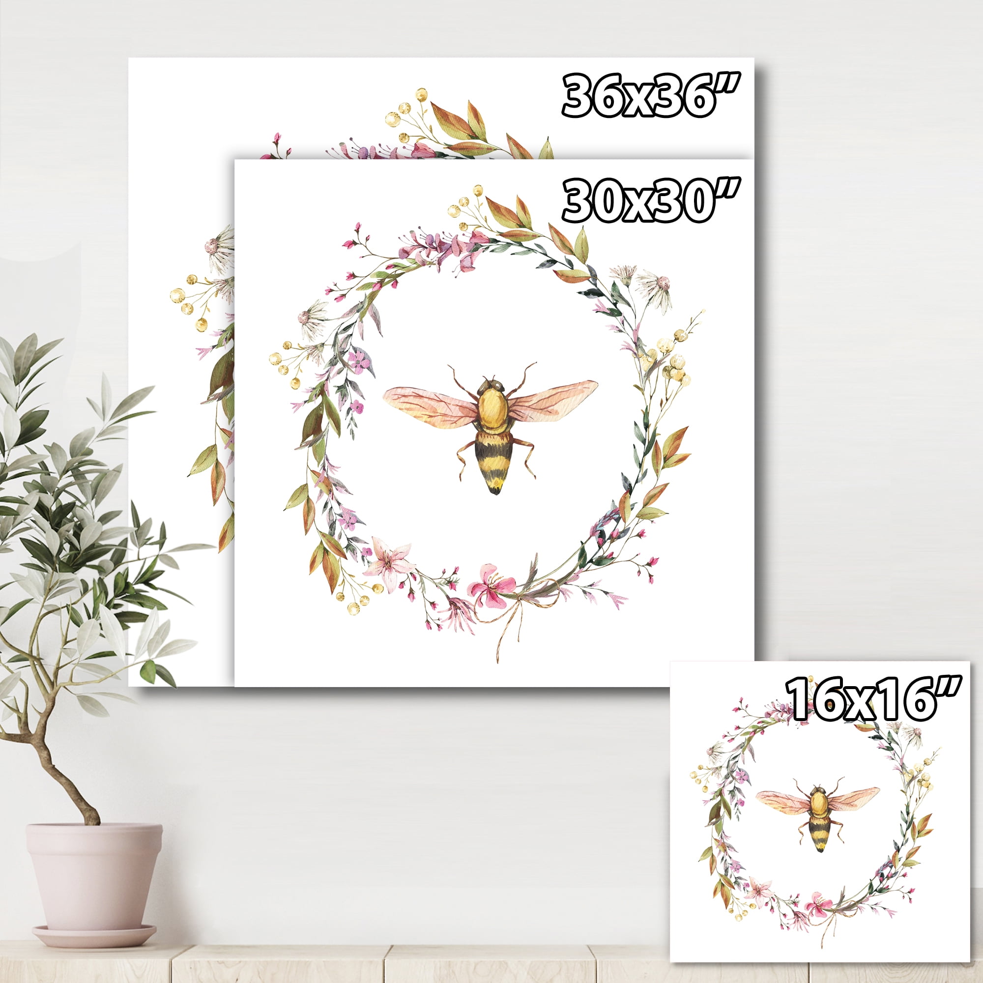 Wildflowers Wreath and A Bee 30 in x 30 in Painting Canvas Art Print, by Designart