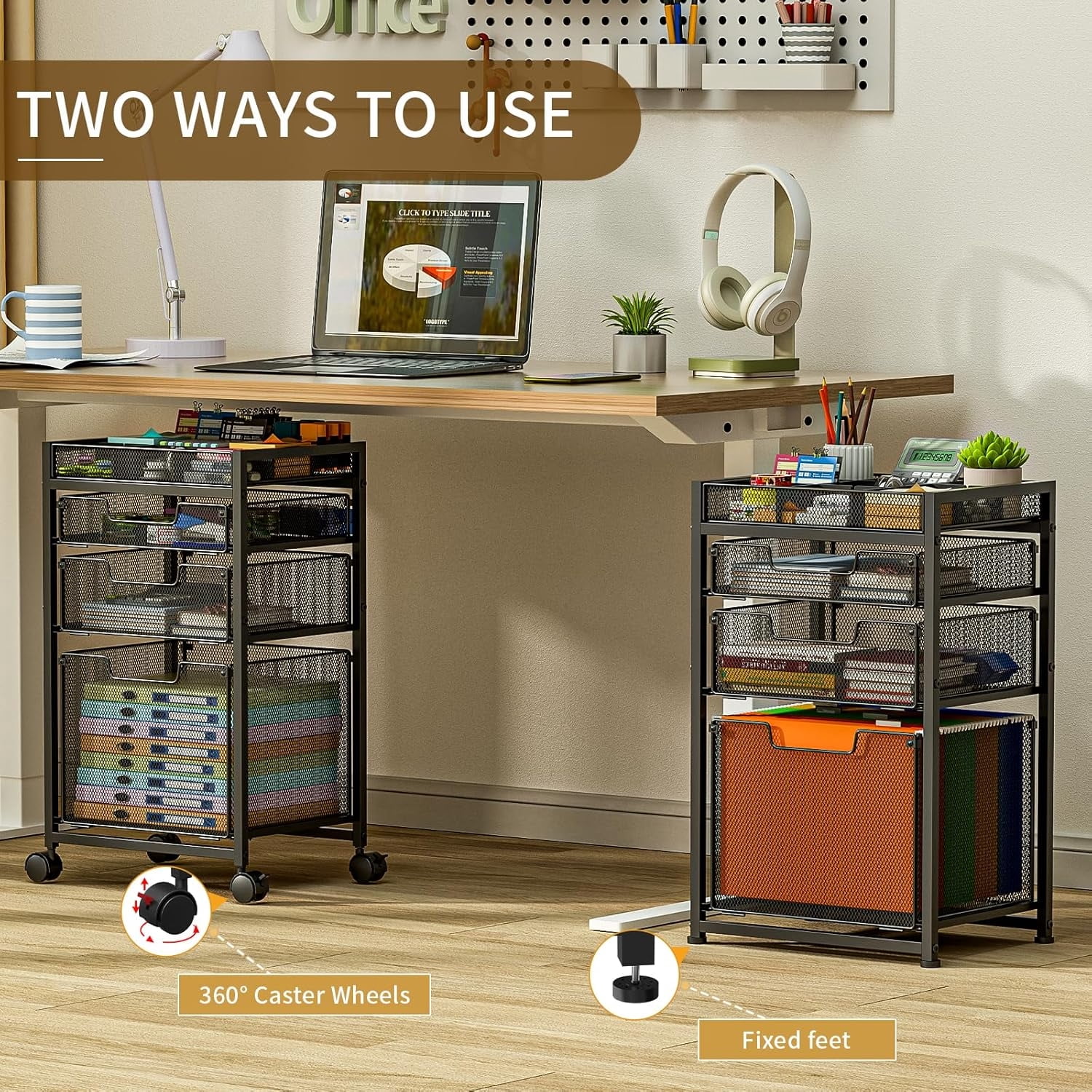 Rolling File Cart with 3 Storage Drawers, Under Desk Filing Cabinet with DIY Divider, Hanging File Folder Organizer on Wheels, Fits A4/Letter Size, Metal Utility Cart for Home Office