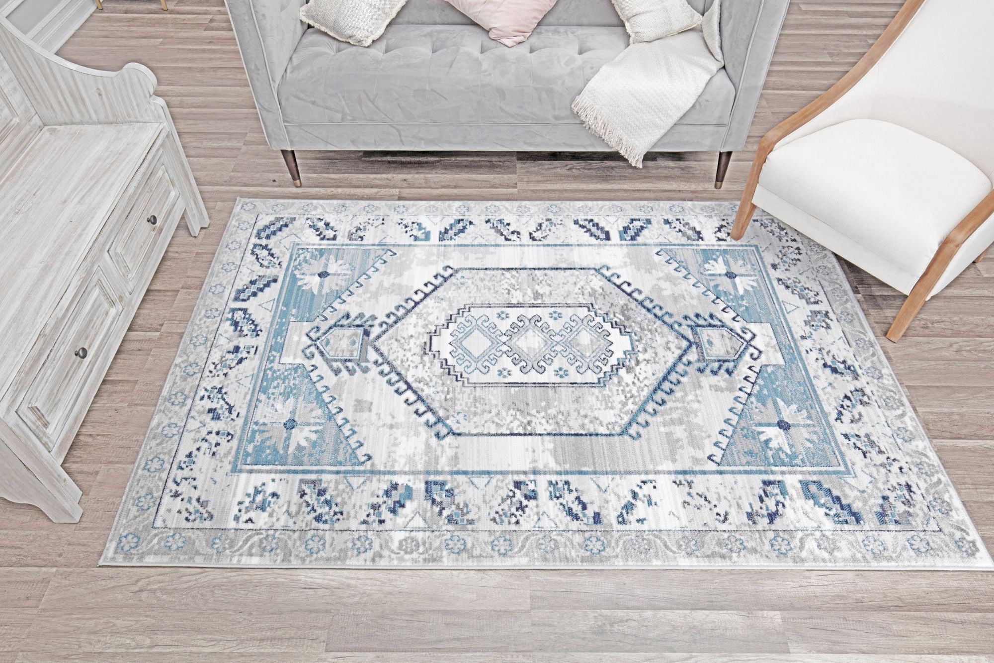 Freida FY10A Misty Blue Vintage Farmhouse Gray Area Rug, 8'x10'
