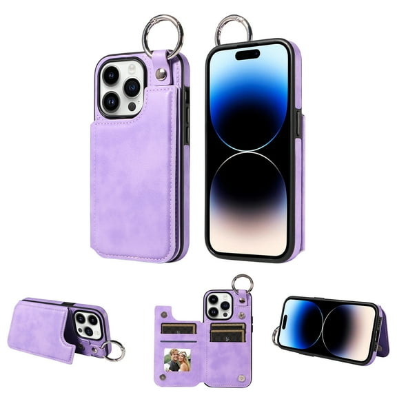 Mantto Design for iPhone 13 Pro PU Leather Wallet Phone Case with Kickstand Card Holder Slots Metal Ring Double Magnetic Clasp Back Flip Folio Protective Cover for Women Men,Purple