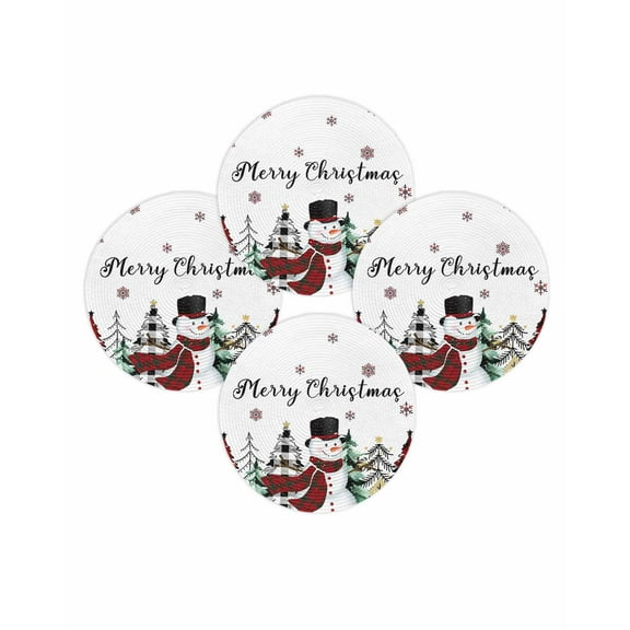 Christmas Round Placemats Set of 4 Snowman Plaid Pine Tree Place Mats Washable Woven Placemat Snowflake Circle Braided Table Mat for Kitchen Dining Table Party Home Decor 15 Inch