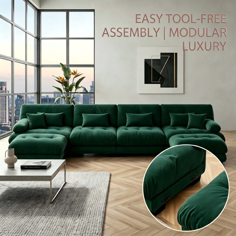 ANPPORT Cloud Couch Sleeper Sofa, Chenille Green 4-Seater Modular Sofa with 2 Ottomans, 4 Lumbar pillows, 2 Pillows, Comfy Deep Seat Cloud Sofa, Convertible L-Shaped Floor Couch for Living Room