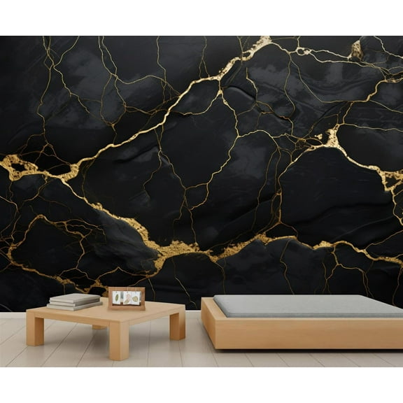 Modern Black And Grey Marble Texture Wall Mural, Abstract Golden Cracks Photo Large Removable Wallpaper Mural Wall Decor For Bedroom Office Living Room 55"W x 28"H (Not Peel and Stick)