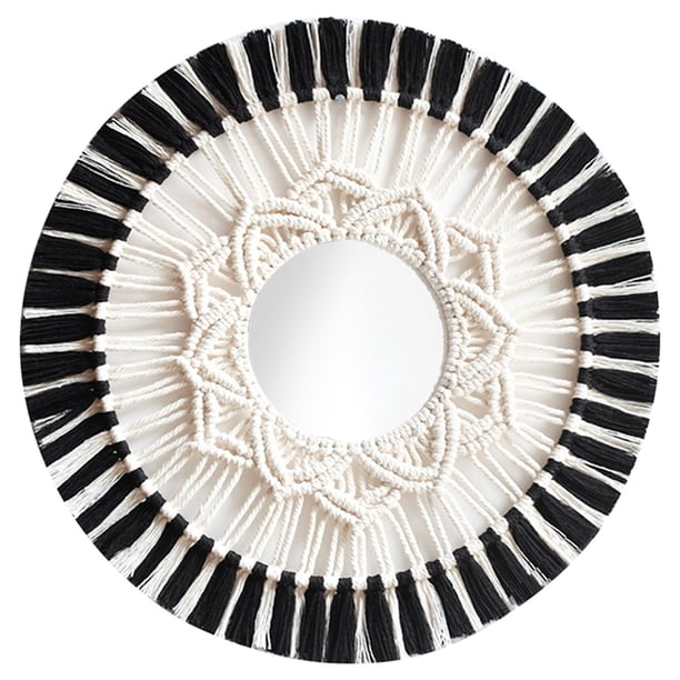 Espejo para colgar en pared, espejo con flecos de macramé para el hogar, sa de estar, apartamento, dormitorio, decoración de guardería pa Negro Sunnimix Tapiz de Macramé Espejo