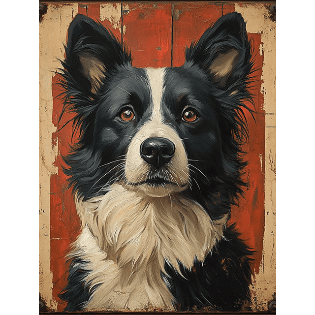 Qisvanset 12x16 Inch 2D Flat Framed Canvas Art, Border Collie Vintage Oil Painting Loyal Pet Farmhouse Home Wall Gift