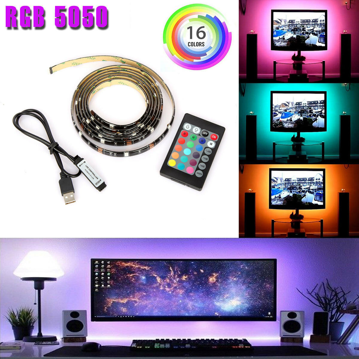 USB LED Strip Lights TV Back Light 5V 5050 RGB Color Change Bluetooth APP Remote