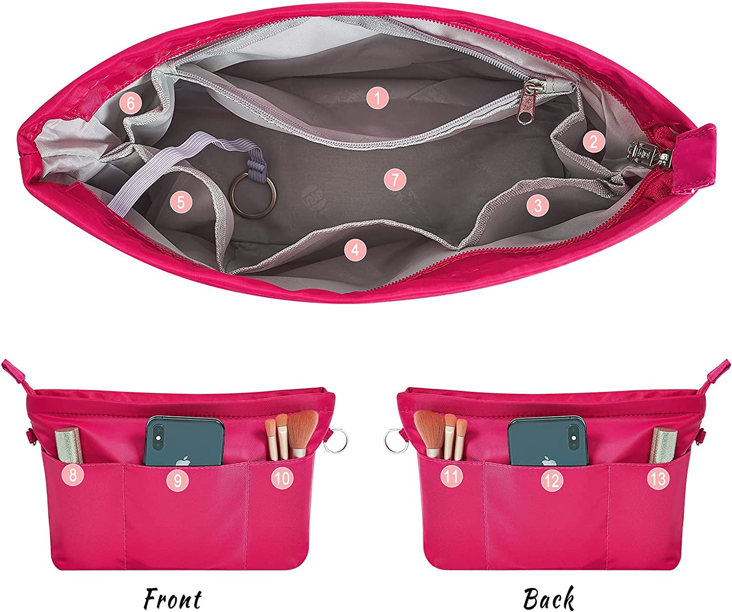 Vercord Premium Nylon Purse Organizer Tote Handbag Insert Organizers Bag in Bag  Zipper 13 Pockets Rose Medium 