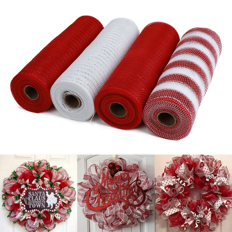  TONIFUL 4 Rolls 10 Inch Red/Pink/White Decorative Mesh Ribbbon  Rolls, for Wreath Supplies Front Door Wreath Crafts Tree Decor Christmas  NewYears Valentine's Day Decoration (30ft/roll, 120ft/Set)