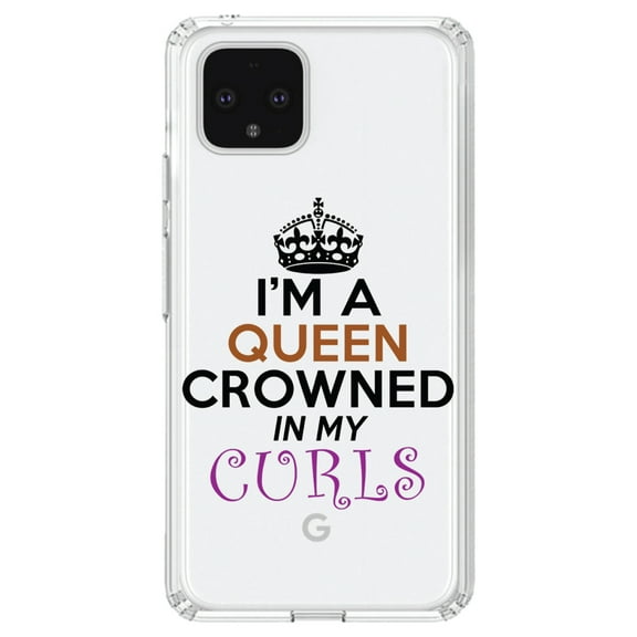 DistinctInk Clear Shockproof Hybrid Case for Google Pixel 4 (6.1" Screen) - TPU Bumper Acrylic Back Tempered Glass Screen Protector - I'm a Queen Crowned in My Curls