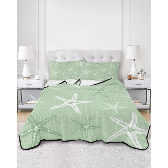 Quilts King Size, Vintage Pale Green Starfish Soft Comforter Bedding Set for Bed, Summer Coastal Beach Marine Lightweight Quilted Bedspread with Pillow Cover(2 Pieces) for All Season, 96x106 Inch