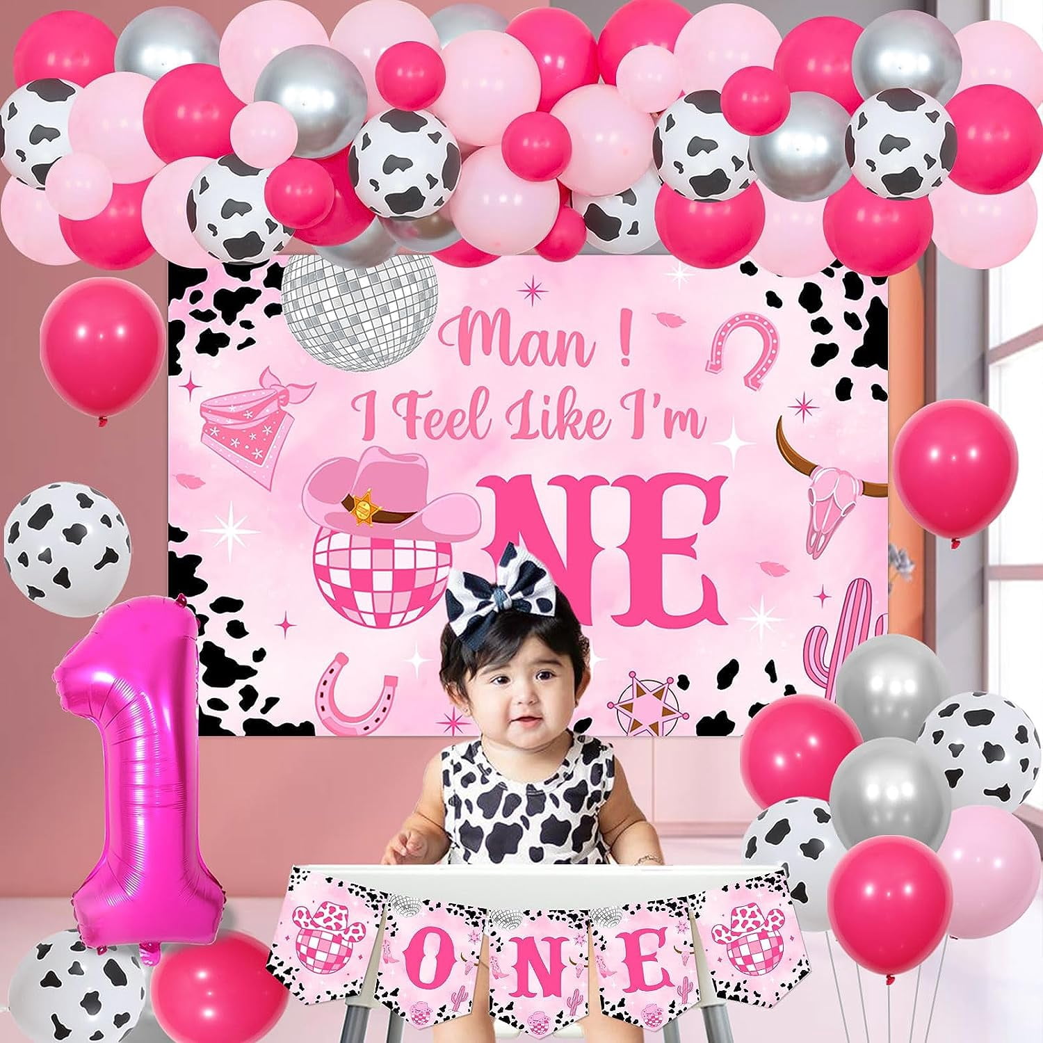 Disco Cowgirl 1st Birthday Decorations, Man I Feel Like I'M One Party Decorations Backdrop, Western Hot Pink Balloons Garland Arch Number 1 Foil Balloon One High Chair Banner for First Rodeo