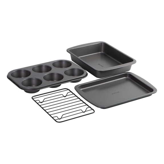 GoodCook 4-Piece Nonstick Steel Toaster Oven Bakeware Set with Sheet Pan, Baking Rack, Cake Pan, and 6-Cup Muffin Pan, Gray