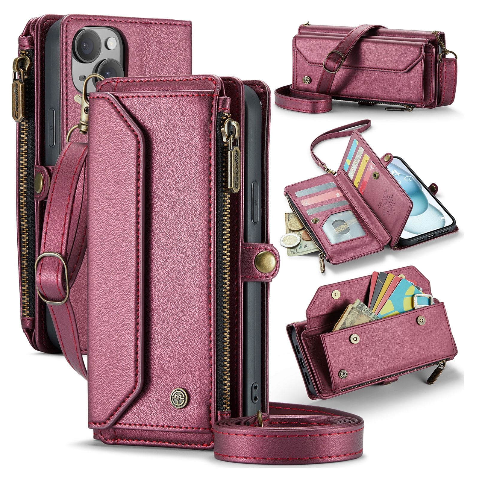 for iPhone 13 Full Body Protection Wallet Folio Flip Case, Shoulder Strap & Wristlet Card Slots Zipper Pocket RFID Blocking Rugged Durable PU Leather Phone Case Cover, Winered