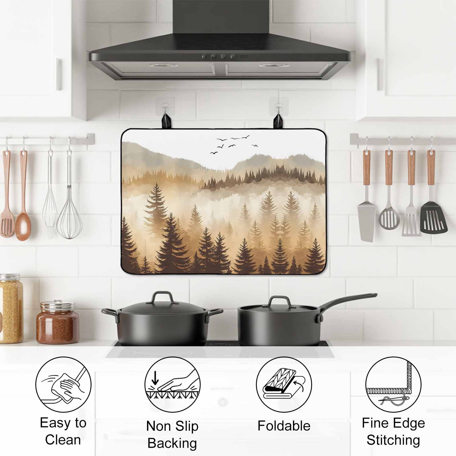 Burly Wood Trees Stove Top Cover for Electric Stove, Heat-proof & Non Slip Glass Top Stove Cover Protector, Forest Mountain Birds Retro Watercolor Kitchen Flat Cooktop Rubber Mat 24x21 Inches