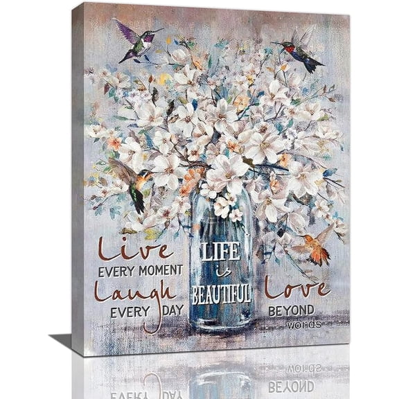Farmhouse Flower Bathroom Wall Art Rustic Country Floral Hummingbird Pictures Motivational Canvas Print Painting Farmhouse Decor Floral Framed Artwork for Bedroom Bathroom Living Room 12"x16"