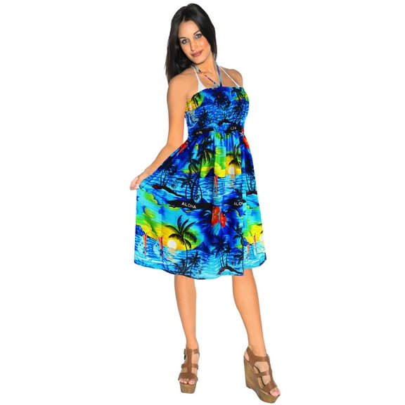 HAPPY BAY Women's Summer Boho Beach Halter Smocked Mini Flowy Dress Tube Top Strapless Dresses for Women L-XL Cobalt, Island View