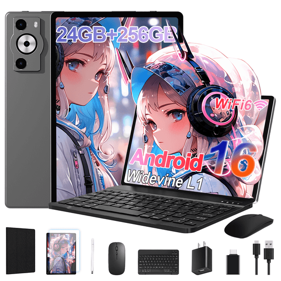 Android 16 Tablet,10.1 inch Tablet, Octa-Core Processor, 24GB RAM 256GB ROM,,1280x800 HD IPS Touch Screen, GPS, 8H Battery, WiFi 6, Dual Camera (Gray)