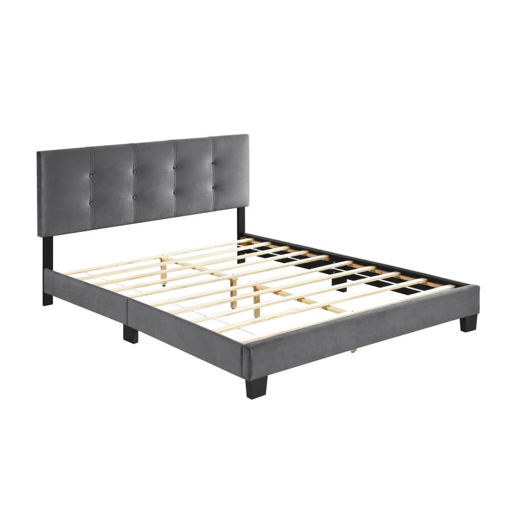 Tcbosik Queen Size Upholstered Platform Bed, Wood Bed Frame, Height Adjustable Headboard with Tufted Button Design, Dark Gray