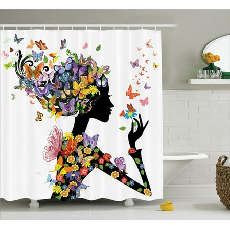 Butterfly Shower Curtains Butterflies Decoration Shower Curtain Set, Girl Fashion Flowers With Butterflies Ornamental Floral Foliage Nature Forest , Bathroom Accessories, 69W X 70L Inches, By Ambesonne ()