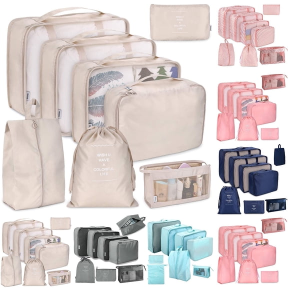 8-Piece Travel Packing Cubes Set Foldable Luggage Organizer,Lightweight Nylon Storage Bags for Suitcase,Travel Essentials Clothes Shoes Toiletry Packing Beige
