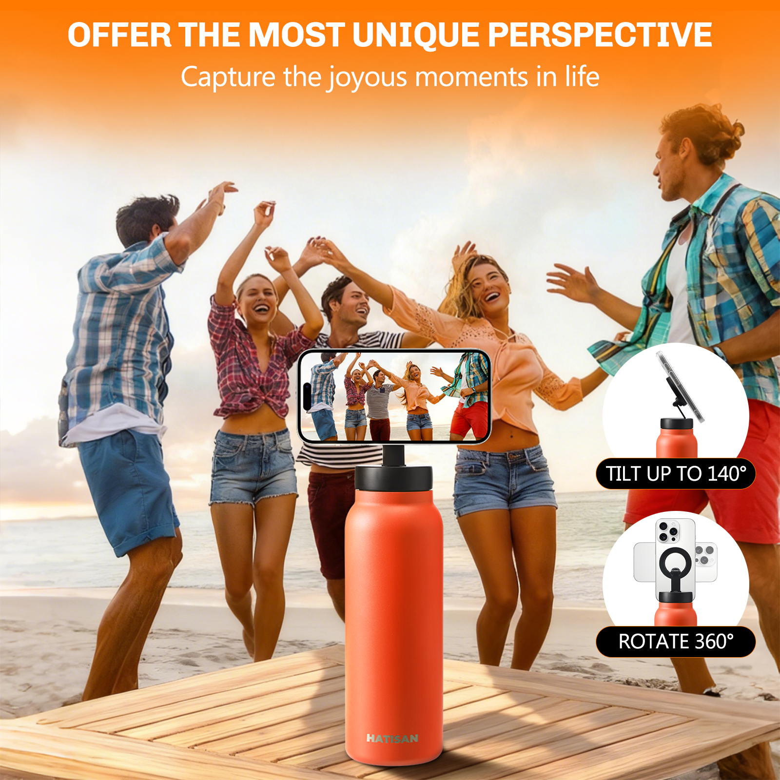 Hatisan 24 oz Insulated Water Bottle, Magnetic Stainless Steel Water Bottle, with Mobile Phone Holder Tripod, Hot for 12H, Cold for 24H(Orange)