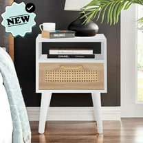 HQZX Bedroom Rattan Nightstand with Socket 1 Drawer and Solid Wood Legs, White, Adult, 22" H