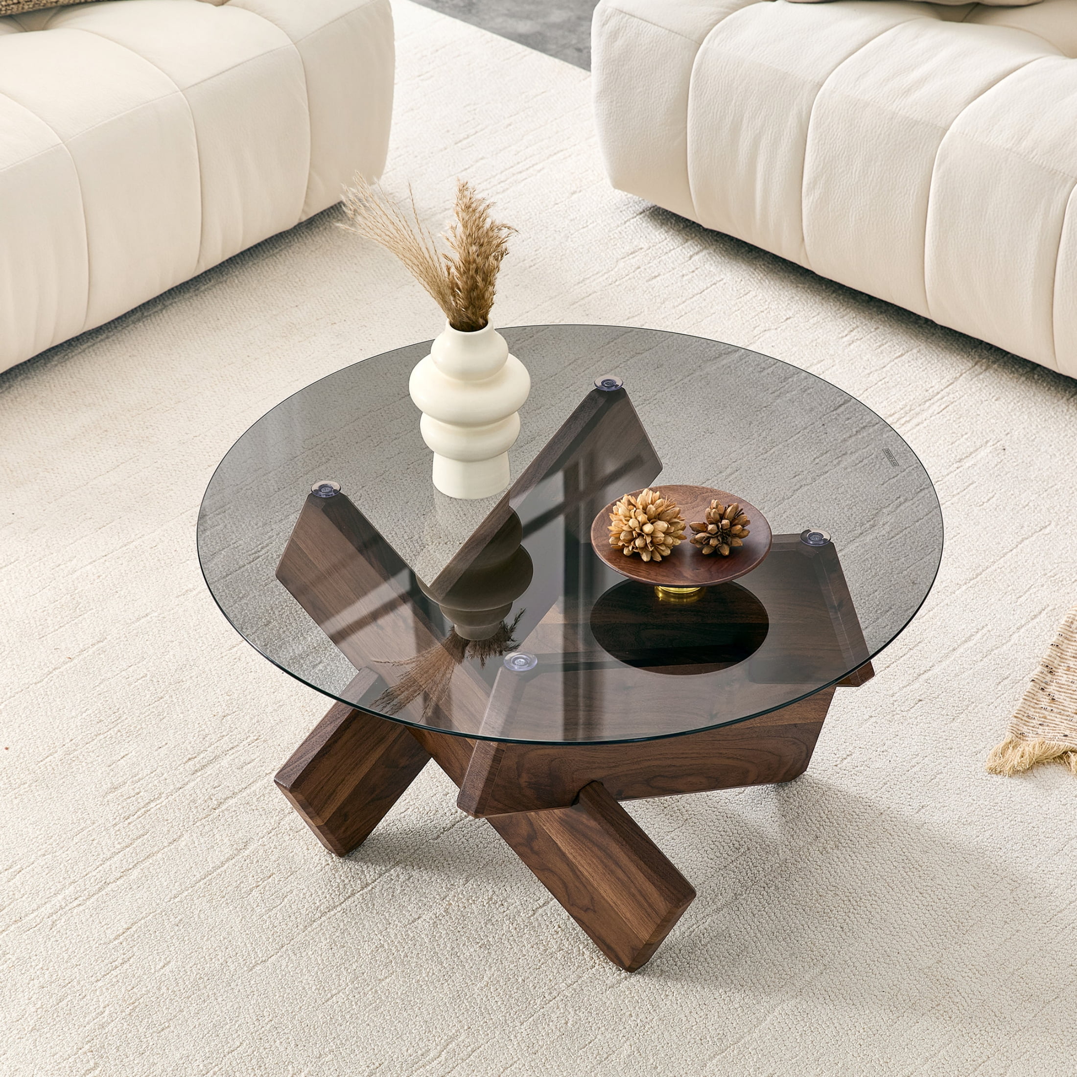 Vinform Round Coffee Table for Living Room, Gray Glass, Walnut