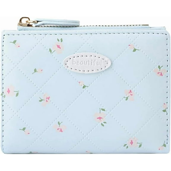 Small Wallet Cute Coquette Floral Print Wallet with Zipper Coin Purse ID Credit Card Holder for Women (BLUE)