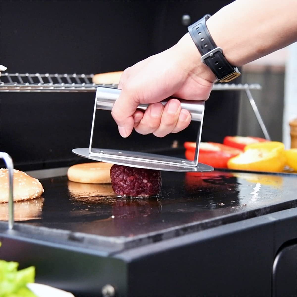 HEJULIK Stainless Steel Burger Press, 6.2 inch Round Burger Smasher, Professional Griddle Accessories Kit, Grill Press Perfect for Flat Top Griddle Grill Cooking