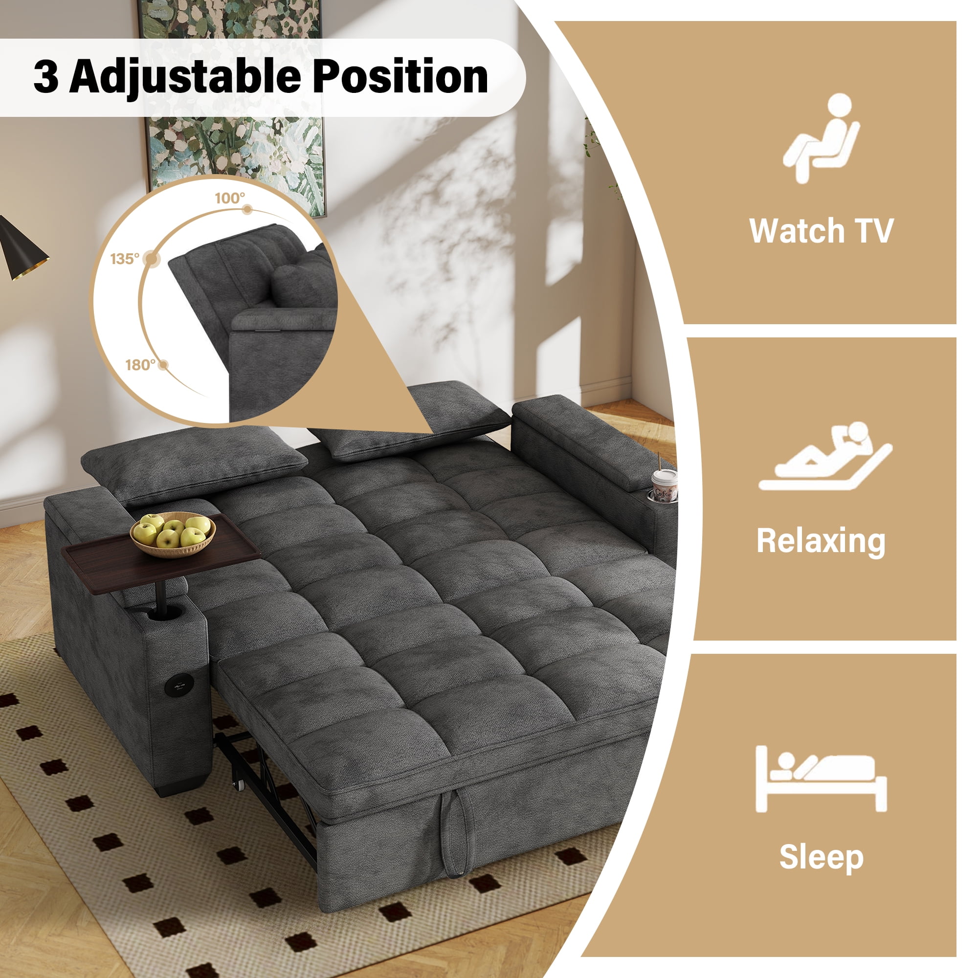 Aukfa 65"W Convertible 3-in-1 Sofa Bed with Storage, Queen Chenille Sleeper Couch with USB/Type-C Ports & Rotating Side Table,Gray
