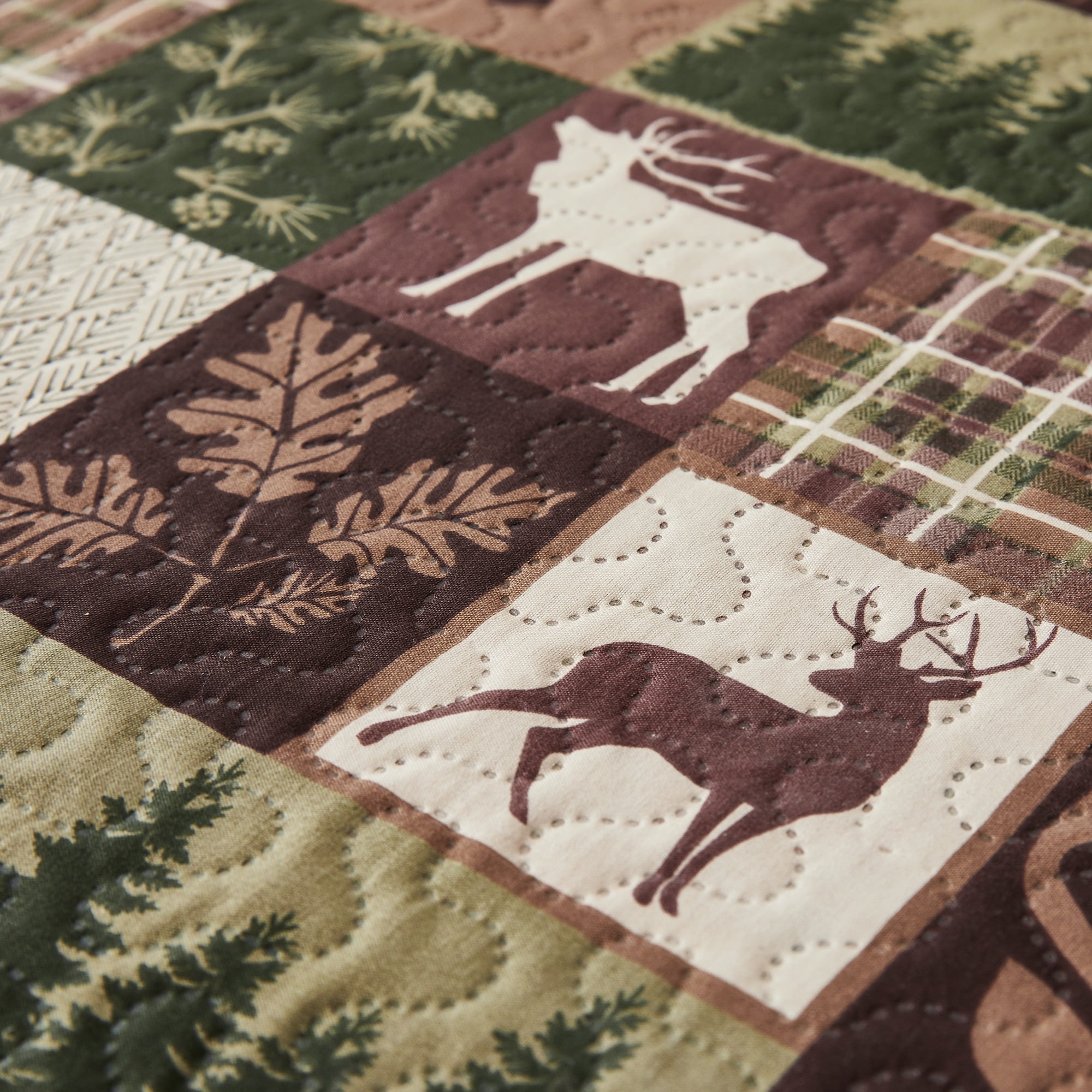 Green Essen Rustic Quilt Sets Queen/Full Size Moose Bear Bedding Reversible Microfiber Bedspread Plaid Coverlet Cabin Decor