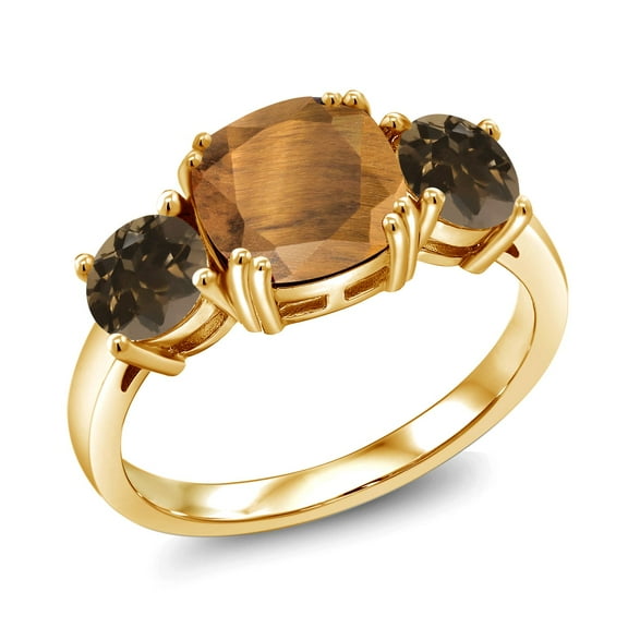 Gem Stone King 18K Yellow Gold Plated Silver Brown Tiger Eye and Brown Smoky Quartz 3 Stone Engagement Ring for Women (3.00 Cttw, Gemstone, Cushion 8MM, Size 5)