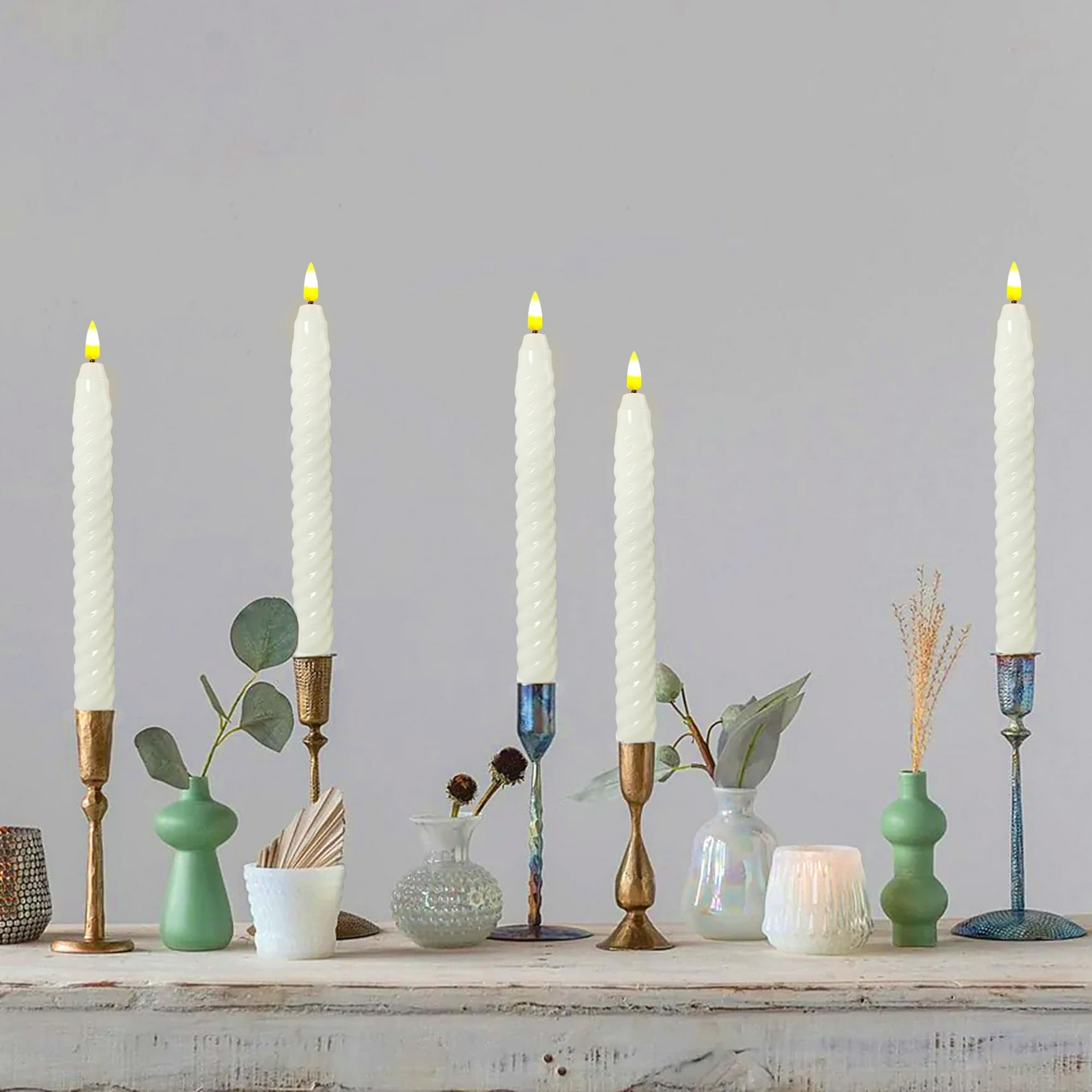White Spiral Flameless Taper Candles, 9.8 Inch Flickering Candles with Remote and Timer, Real Wax Candlesticks LED Battery Operated 3D Wick for Wedding Party Home Decor