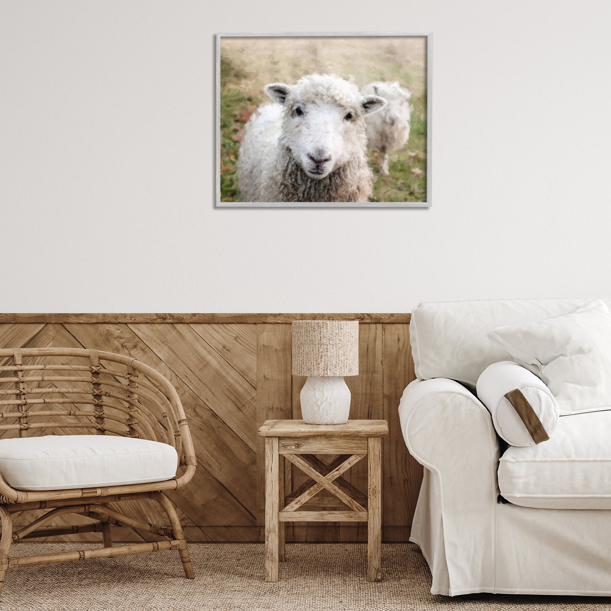 Stupell Industries Close Up Sheep Gaze Animals & Insects Painting Gray Framed Art Print Wall Art, 30 x 24