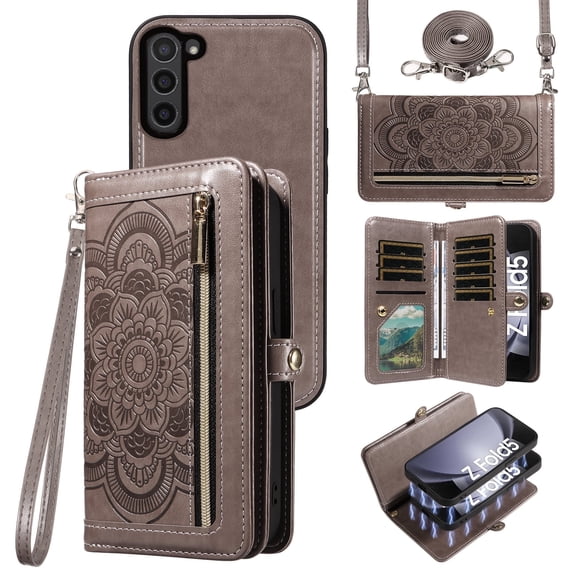 Asuwish Phone Case for Samsung Galaxy Z Fold 5 5G 2023 Zipper Wallet Cell Cover Crossbody Strap Flower Flip Card Holder ZFold5 Z5 G Fold5 ZFold 5Z Women Gray