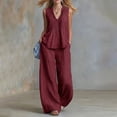 thumbnail image 2 of GILIGEGE Women Cotton Linen 2 Piece Matching Set Sleeveless V Neck Henley Pleated Cropped Button Down Tank Vest Top Wide Leg Pants with Pockets Loose Fit Dressy Casual Summer Lounge Outfit Suit Wine, 2 of 4