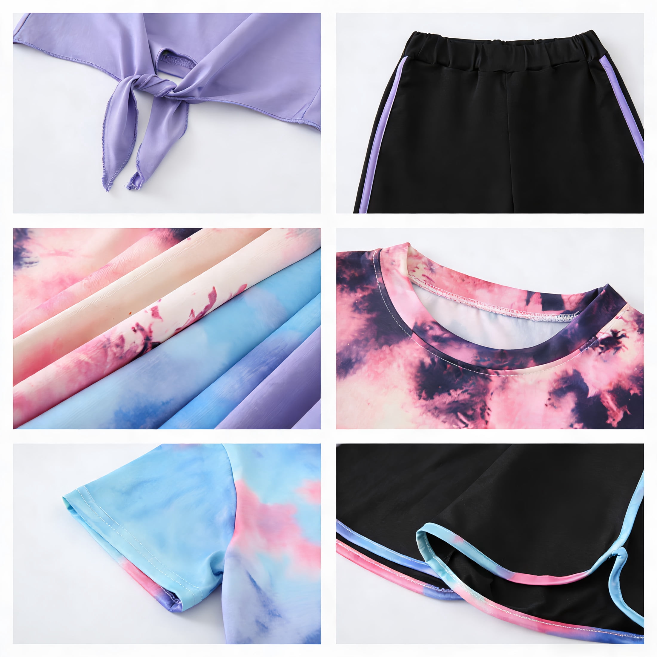 Jolyshlid Girls Summer Outfits 6 Piece Set Tie Dye Heart Print Short Sleeve Tops and Shorts Set Casual Clothing for Kids,Blue Purple Pink,9-10 Years