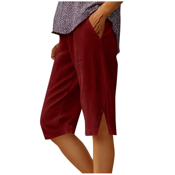 JGGSPWM Womens Bermuda Shorts Knee Length Dressy Causal Elastic Waist Buttons Linen Shorts with Pockets Summer Beach Outfits Red L