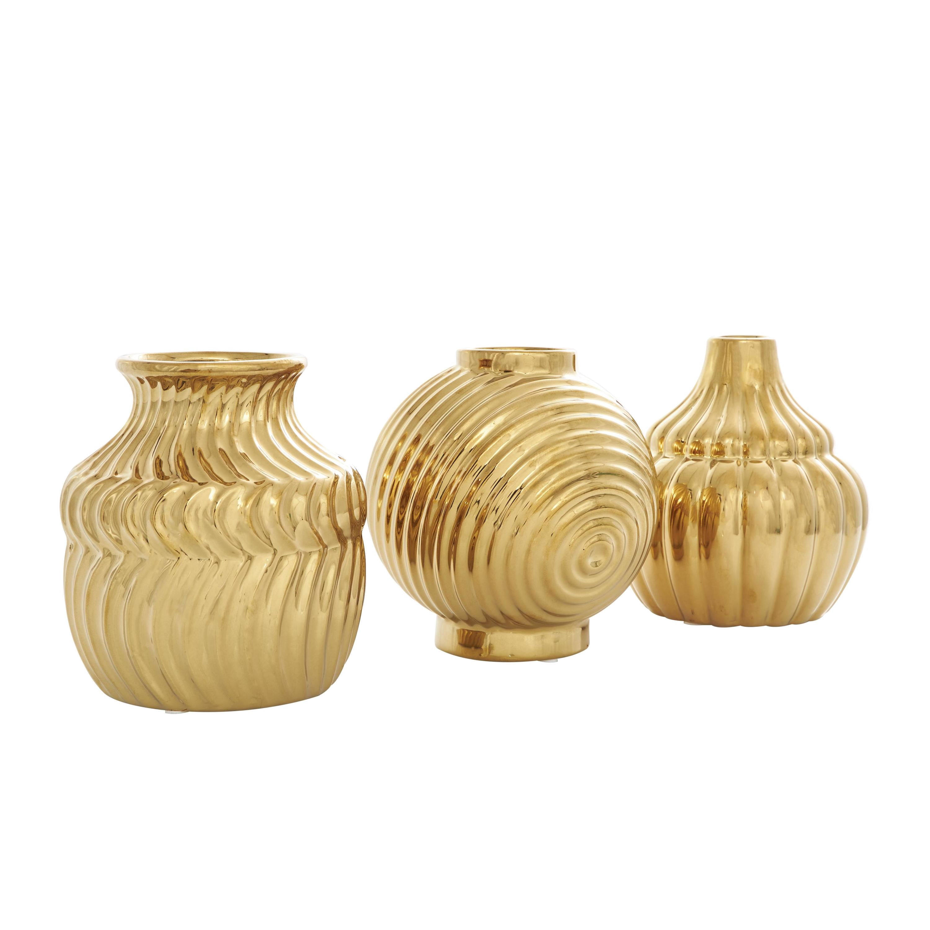 DecMode 5"W, 6"H Abstract Small Textured Gold Ceramic Vase with Varying Shapes and Patterns, Set of 3