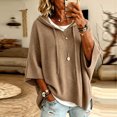 thumbnail image 2 of Women's Plus Size Hooded Knit Sweater Oversized V Neck 3/4 Batwing Sleeve Drawstring Hoodies Loose Tunic Pullover Winter Layering Tops Khaki, 2 of 5