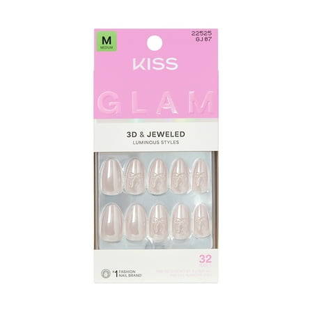 KISS GLAM 3D & Jewel Press On Nails  Almond, ‘Ripple’, Beige, Medium Length, 32 Count