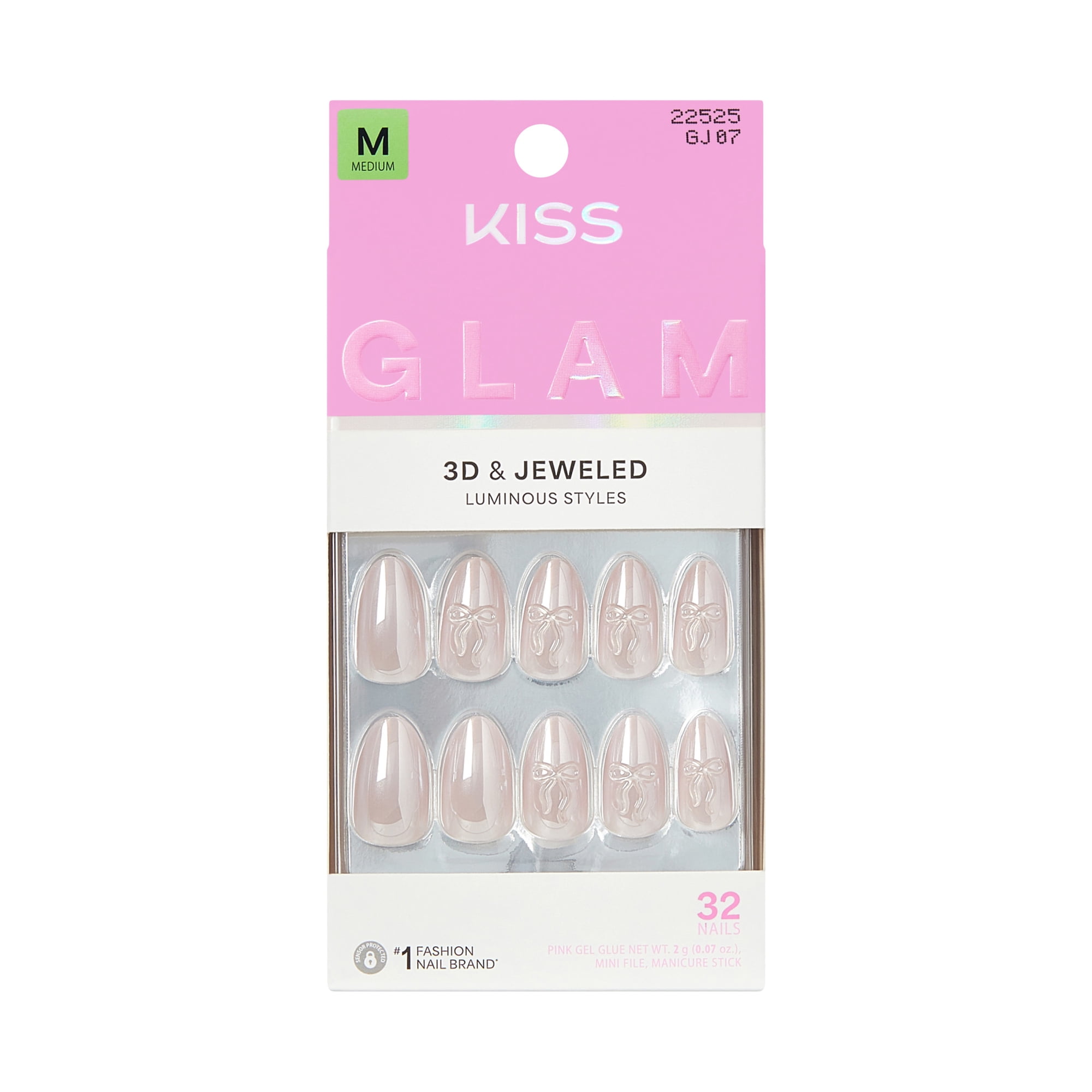 Kiss Glam 3D & Jeweled Press On Nails Almond, ‘Ripple’, Beige, Medium Length, 32 Count