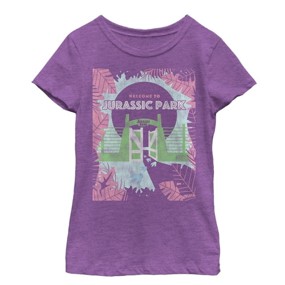 Girl's Jurassic Park Welcome Gates Cartoon Graphic Tee Purple Berry X Large