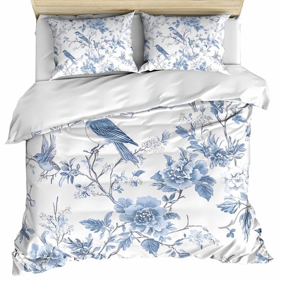 White Blue Spring Floral Bedding 3 Piece Duvet Cover Set California King, Summer Birds Botanical Soft Microfiber Comforter Cover with Zipper Closure & Pillowcases, Wrinkle & FadeResistant Quilt Cover