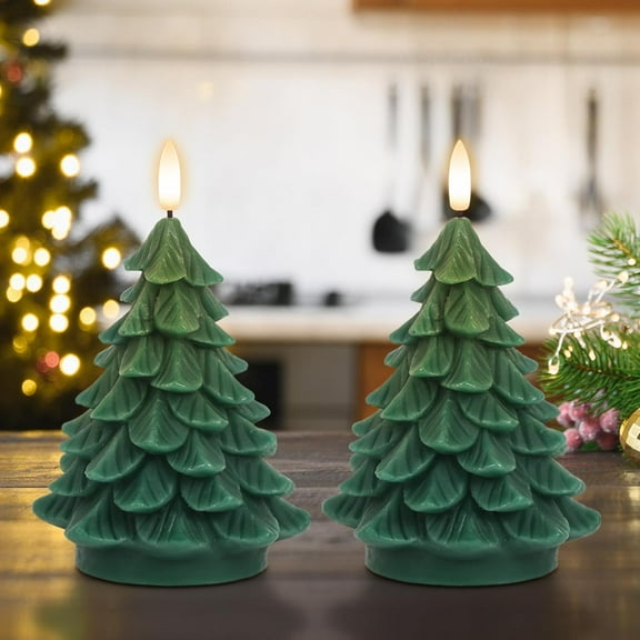 Christmas Tree Shaped LED Candles with 6H Timer, 2 Pcs Flameless Pillar Candles Flickering, Battery Operated LED Candle with 3D Flame Wick, Green Candles for Home Décor Christmas Gifts